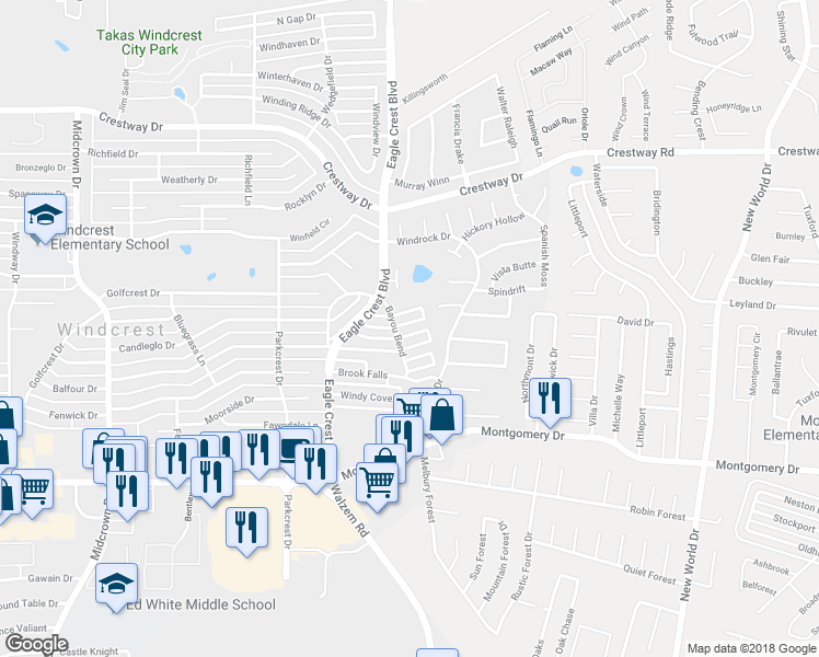 map of restaurants, bars, coffee shops, grocery stores, and more near 6111 Shady Creek in San Antonio