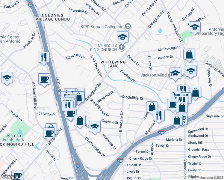 map of restaurants, bars, coffee shops, grocery stores, and more near 8323 White Oak Drive in San Antonio