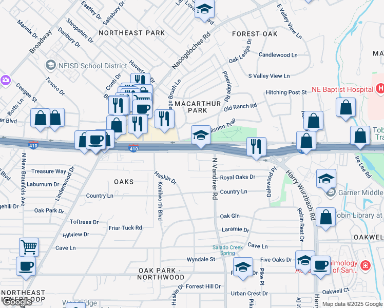 map of restaurants, bars, coffee shops, grocery stores, and more near 1422 I- 410 Access Road in San Antonio