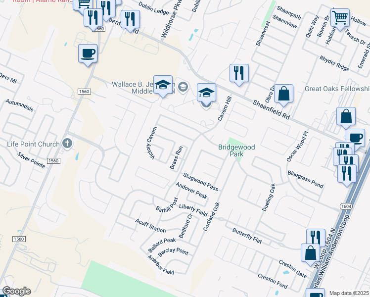 map of restaurants, bars, coffee shops, grocery stores, and more near 8127 Thicket Pass in San Antonio