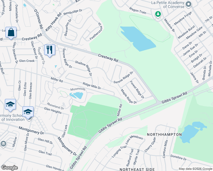 map of restaurants, bars, coffee shops, grocery stores, and more near 8611 Ridge Pilot in San Antonio
