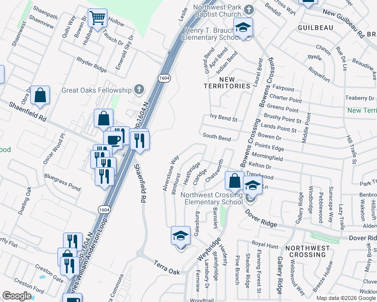 map of restaurants, bars, coffee shops, grocery stores, and more near 7726 Alverstone Way in San Antonio