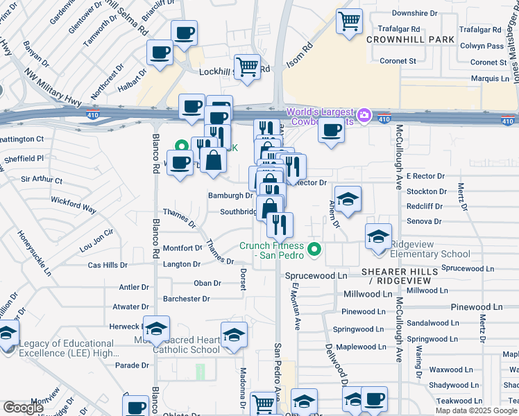 map of restaurants, bars, coffee shops, grocery stores, and more near 117 Southbridge Drive in San Antonio