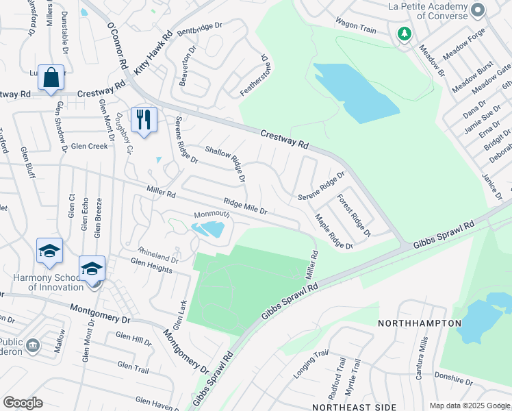 map of restaurants, bars, coffee shops, grocery stores, and more near 8602 Ridge Flower Drive in San Antonio
