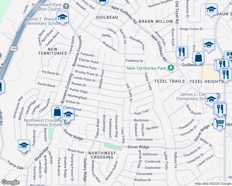 map of restaurants, bars, coffee shops, grocery stores, and more near 9234 Bowen Dr in San Antonio