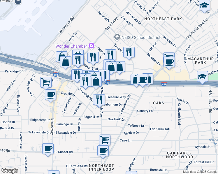 map of restaurants, bars, coffee shops, grocery stores, and more near 1014 Northeast Interstate 410 Loop in San Antonio