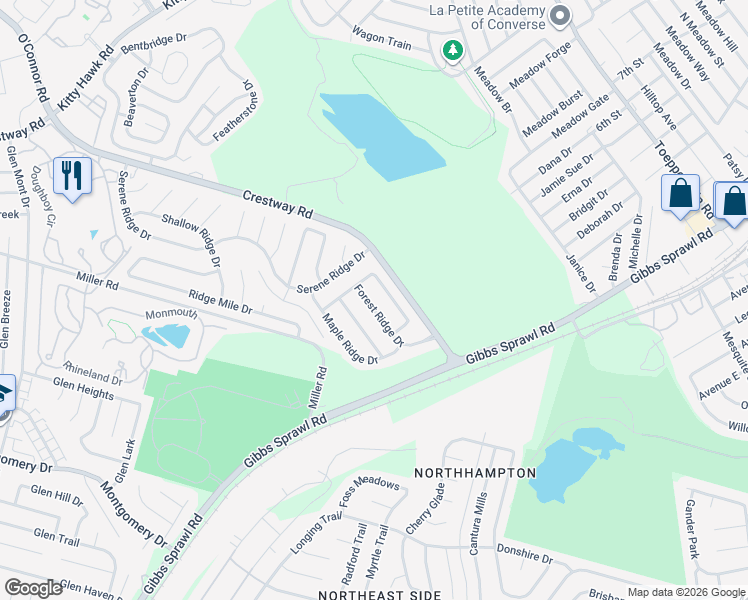 map of restaurants, bars, coffee shops, grocery stores, and more near 8428 Forest Ridge Drive in San Antonio