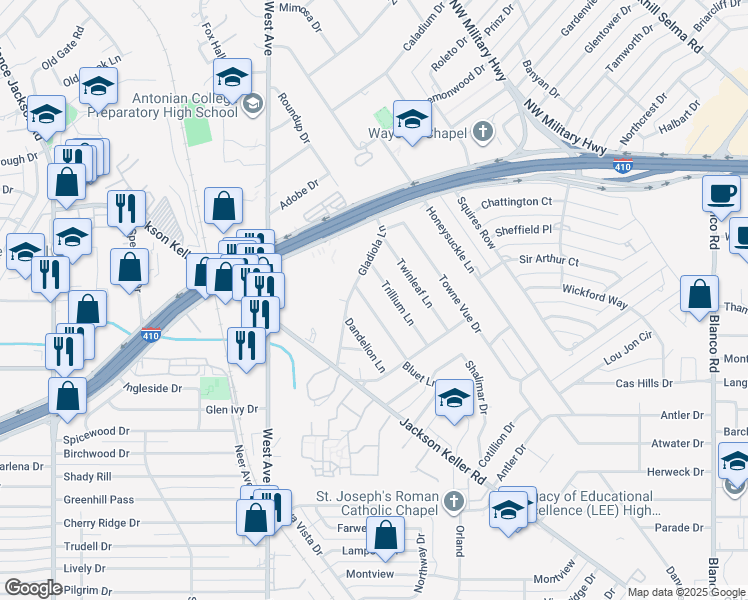 map of restaurants, bars, coffee shops, grocery stores, and more near 140 Bluet Lane in Castle Hills