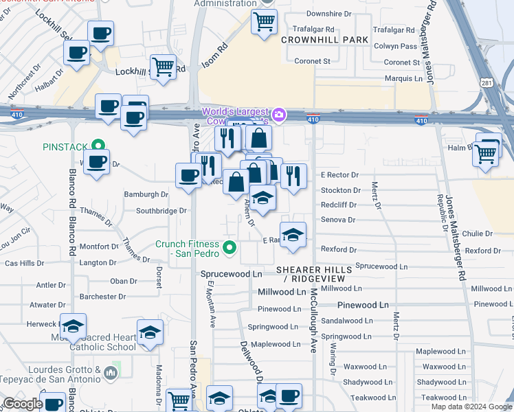 map of restaurants, bars, coffee shops, grocery stores, and more near 8502 Ahern Drive in San Antonio