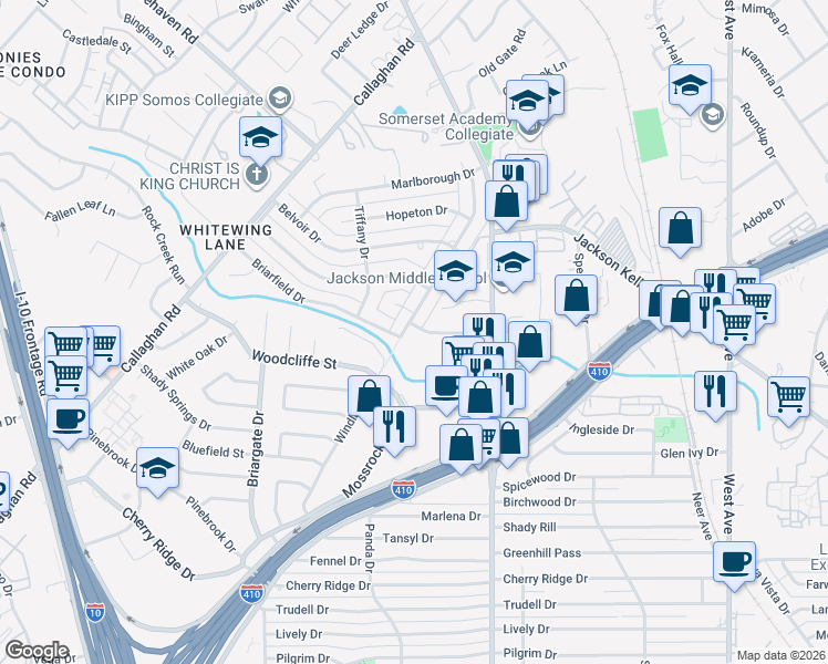 map of restaurants, bars, coffee shops, grocery stores, and more near 2638 Kerrybrook Court in San Antonio