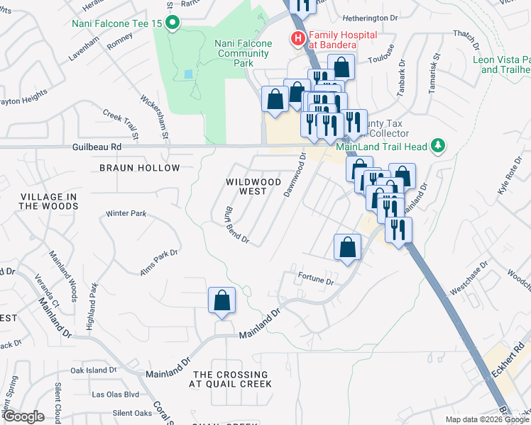map of restaurants, bars, coffee shops, grocery stores, and more near 8323 Dawnwood Drive in San Antonio