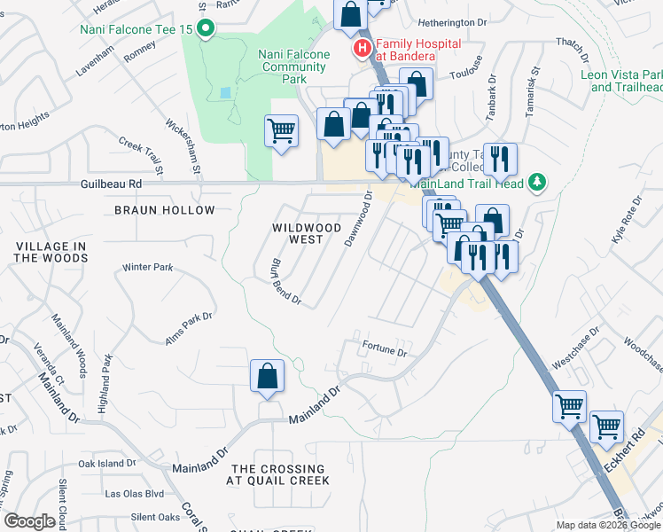 map of restaurants, bars, coffee shops, grocery stores, and more near 8323 Dawnwood Drive in San Antonio