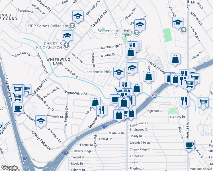 map of restaurants, bars, coffee shops, grocery stores, and more near 2638 Kerrybrook Court in San Antonio