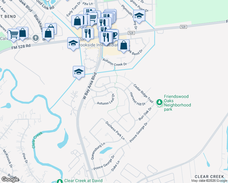 map of restaurants, bars, coffee shops, grocery stores, and more near 3102 Autumn Leaf Drive in Friendswood
