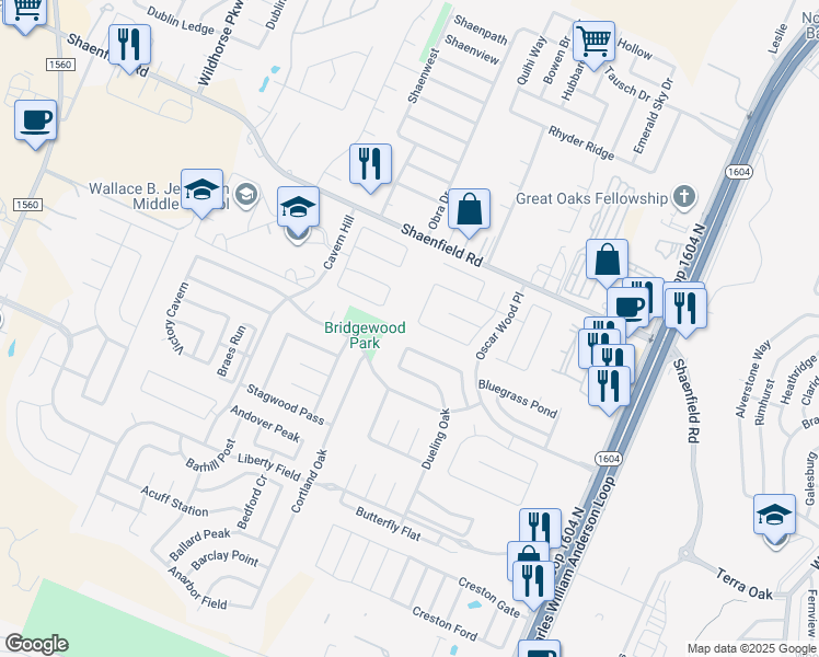 map of restaurants, bars, coffee shops, grocery stores, and more near 10658 Cavelier Point in San Antonio