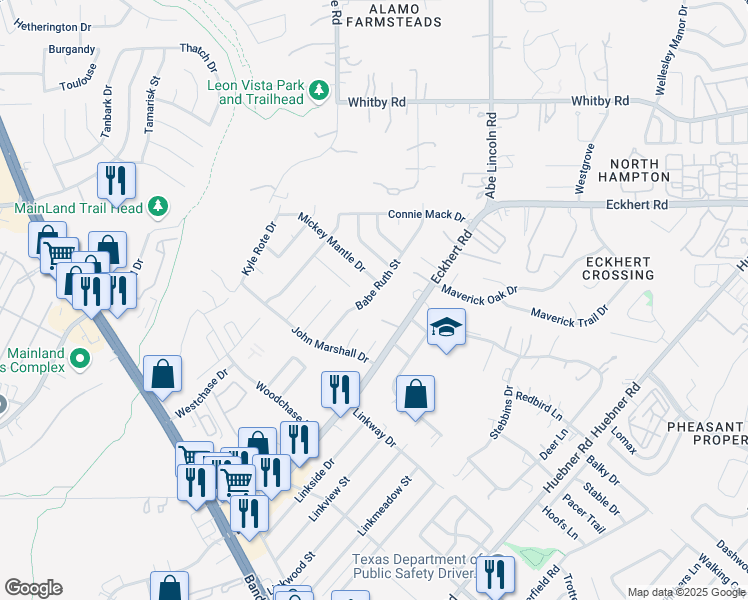 map of restaurants, bars, coffee shops, grocery stores, and more near 8158 Babe Ruth Street in San Antonio