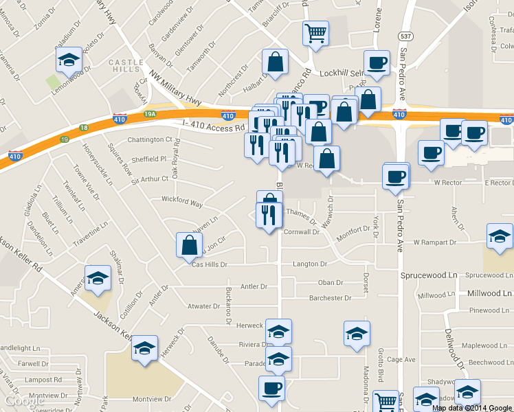 map of restaurants, bars, coffee shops, grocery stores, and more near 200 Lundblade Lane in San Antonio