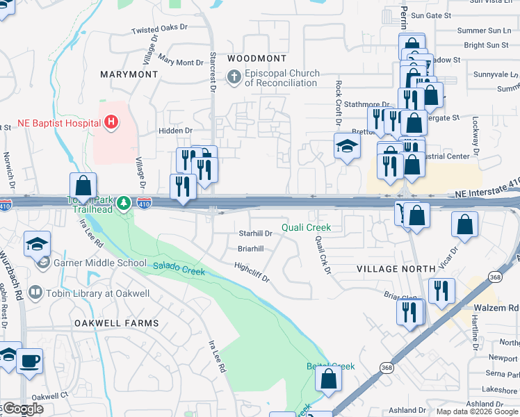 map of restaurants, bars, coffee shops, grocery stores, and more near 2400 Northeast Interstate 410 Loop in San Antonio
