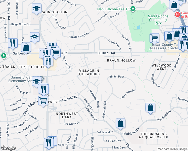 map of restaurants, bars, coffee shops, grocery stores, and more near 9119 Mount Royal Street in San Antonio