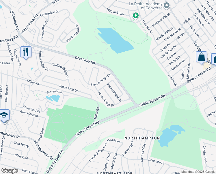 map of restaurants, bars, coffee shops, grocery stores, and more near 8428 Forest Ridge Drive in San Antonio
