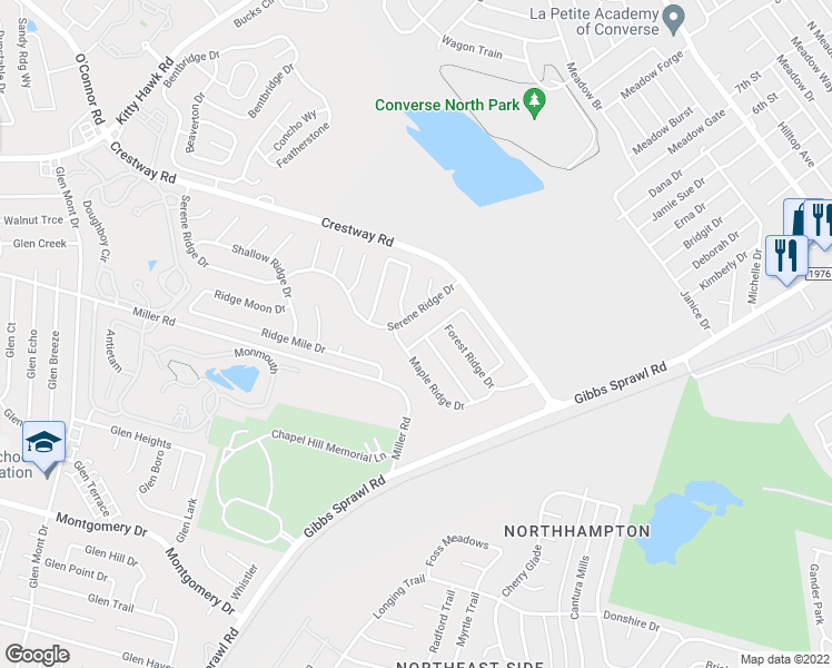 map of restaurants, bars, coffee shops, grocery stores, and more near 7814 Falcon Ridge Drive in San Antonio