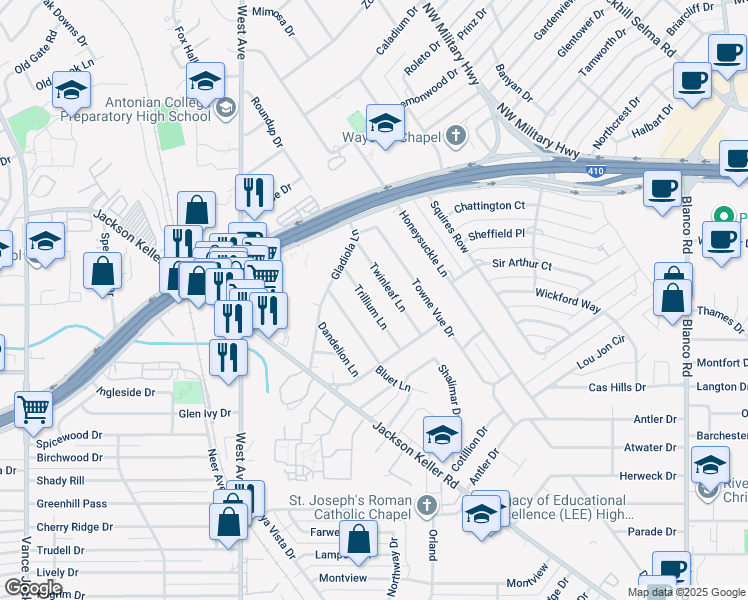 map of restaurants, bars, coffee shops, grocery stores, and more near 128 Trillium Lane in Castle Hills