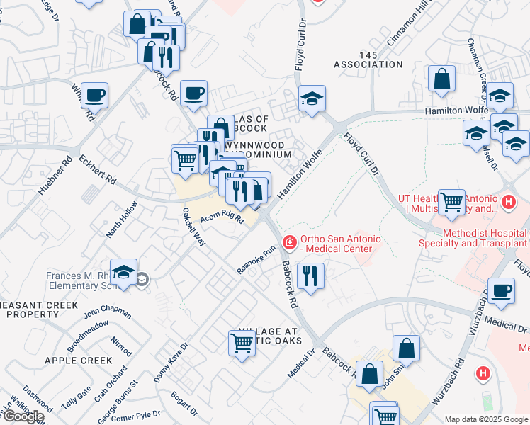 map of restaurants, bars, coffee shops, grocery stores, and more near Babcock Rd & Hamilton Wolfe Rd in San Antonio