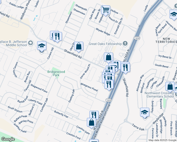 map of restaurants, bars, coffee shops, grocery stores, and more near 8135 Donley Pond in San Antonio