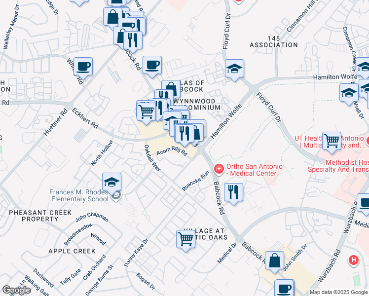 map of restaurants, bars, coffee shops, grocery stores, and more near 5437 Acorn Ridge Road in San Antonio