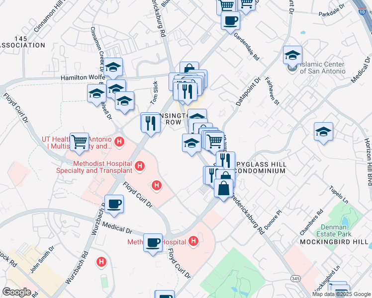 map of restaurants, bars, coffee shops, grocery stores, and more near 8221 Fredericksburg Road in San Antonio