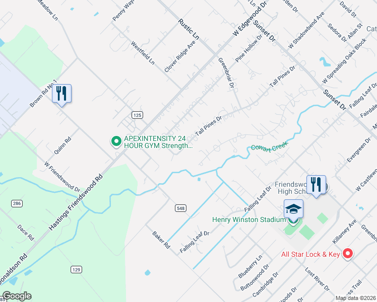 map of restaurants, bars, coffee shops, grocery stores, and more near 1207 Tall Pines Drive in Friendswood
