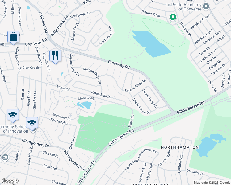 map of restaurants, bars, coffee shops, grocery stores, and more near 8611 Ridge Pilot in San Antonio