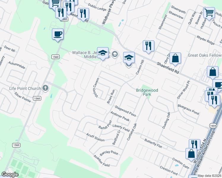 map of restaurants, bars, coffee shops, grocery stores, and more near 8115 Sandbar Point in San Antonio