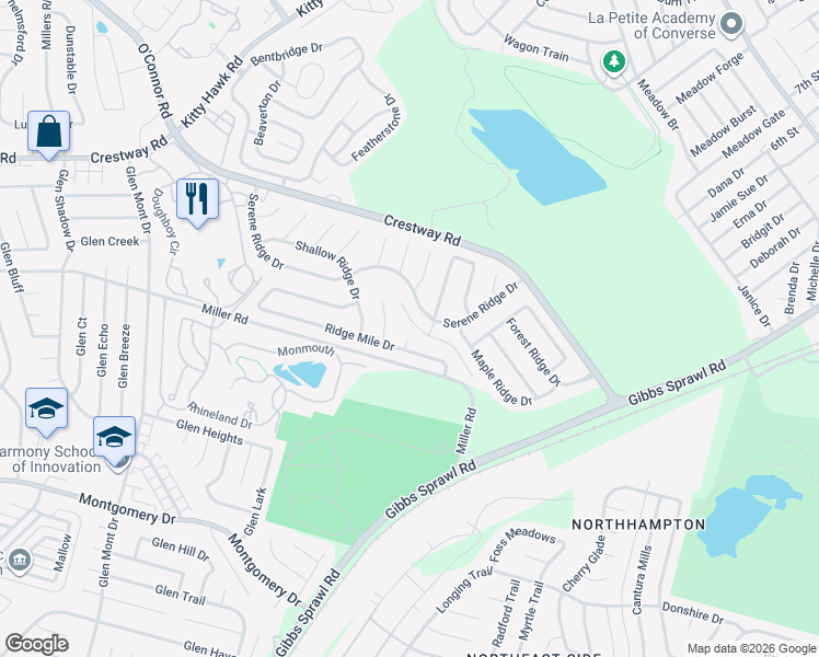 map of restaurants, bars, coffee shops, grocery stores, and more near 8611 Ridge Pilot in San Antonio