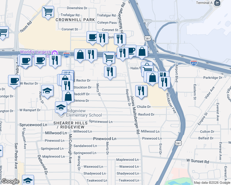 map of restaurants, bars, coffee shops, grocery stores, and more near 602 Redcliff Drive in San Antonio