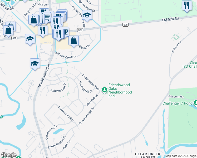 map of restaurants, bars, coffee shops, grocery stores, and more near 2805 Scarlet Oak Drive in Webster