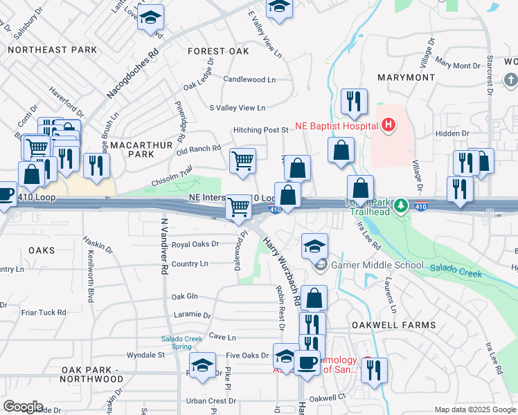 map of restaurants, bars, coffee shops, grocery stores, and more near Interstate 410 in San Antonio