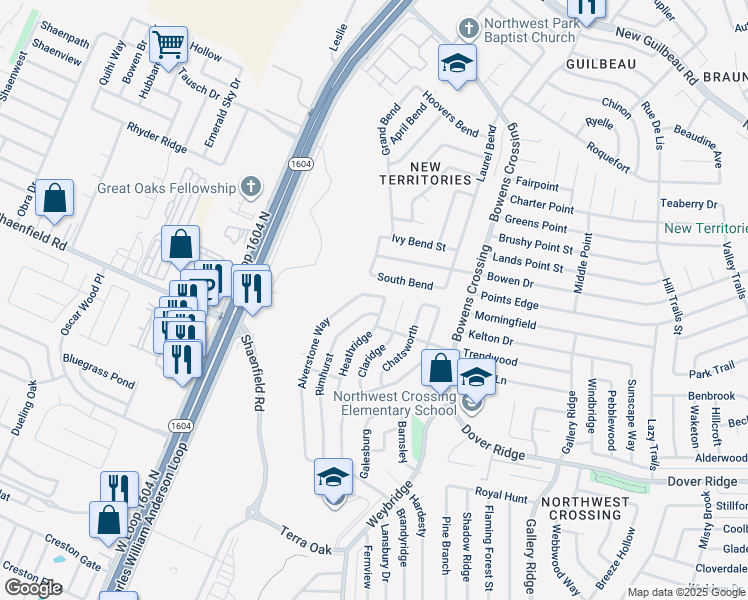 map of restaurants, bars, coffee shops, grocery stores, and more near 7722 Heathridge in San Antonio