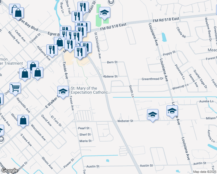 map of restaurants, bars, coffee shops, grocery stores, and more near 2106 Paintbrush Avenue in League City