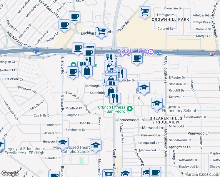 map of restaurants, bars, coffee shops, grocery stores, and more near 117 Southbridge Drive in San Antonio