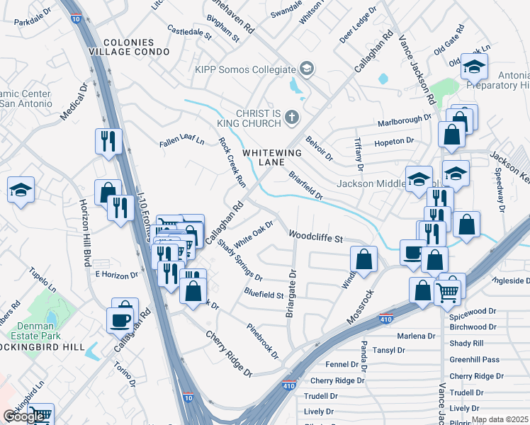 map of restaurants, bars, coffee shops, grocery stores, and more near 8323 White Oak Drive in San Antonio