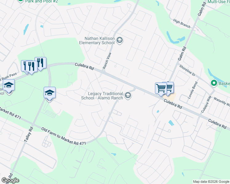 map of restaurants, bars, coffee shops, grocery stores, and more near 13748 Carver Heights in San Antonio