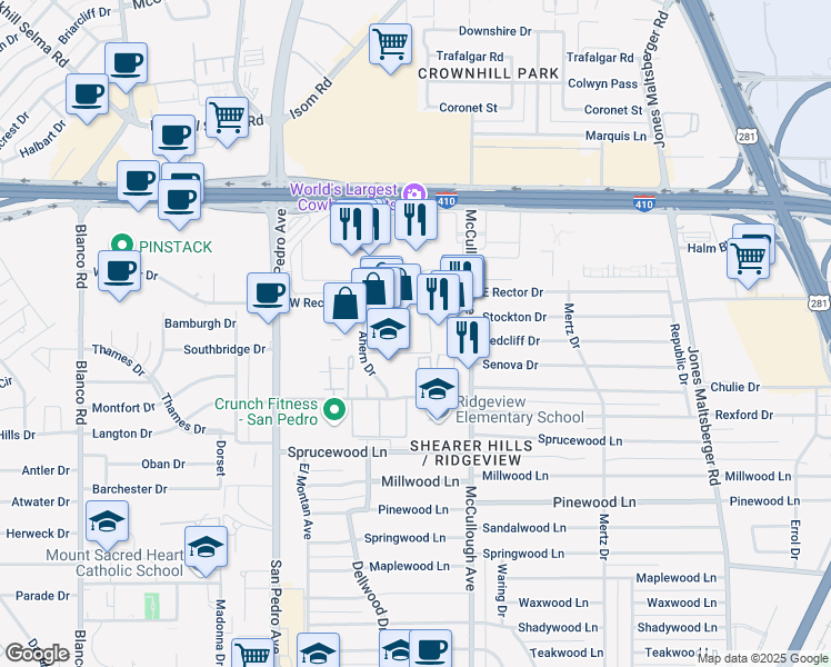 map of restaurants, bars, coffee shops, grocery stores, and more near 8502 Ahern Drive in San Antonio