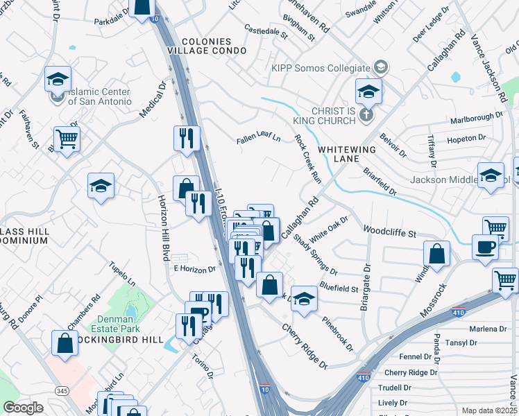 map of restaurants, bars, coffee shops, grocery stores, and more near 7 Greatview Street in San Antonio