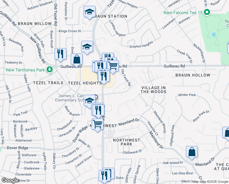 map of restaurants, bars, coffee shops, grocery stores, and more near 7900 Old Tezel Road in San Antonio