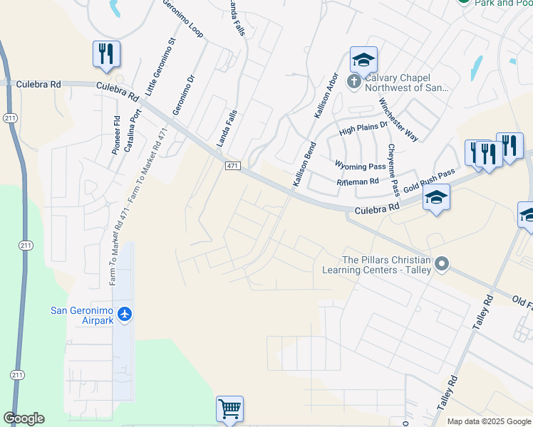 map of restaurants, bars, coffee shops, grocery stores, and more near 14880-14910 Culebra Road in San Antonio