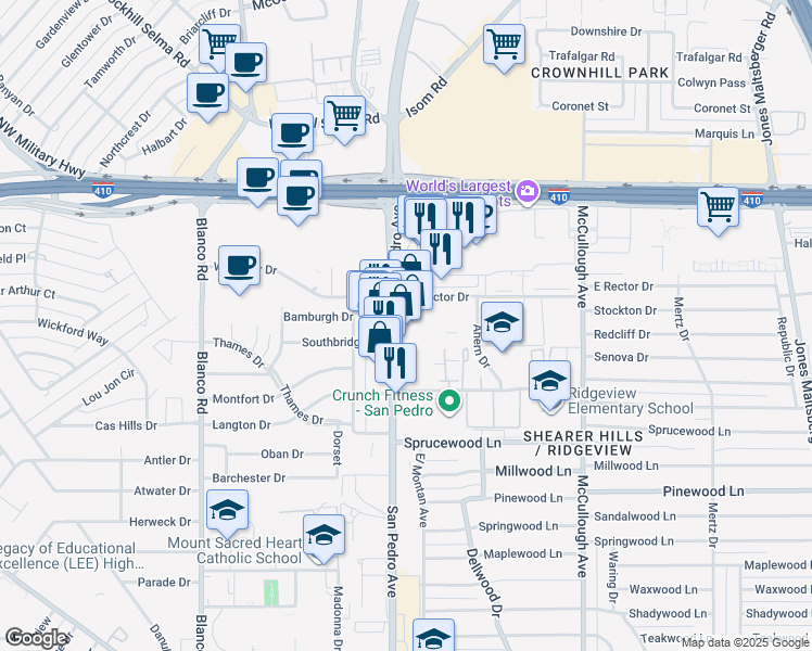 map of restaurants, bars, coffee shops, grocery stores, and more near 7309 San Pedro Avenue in San Antonio