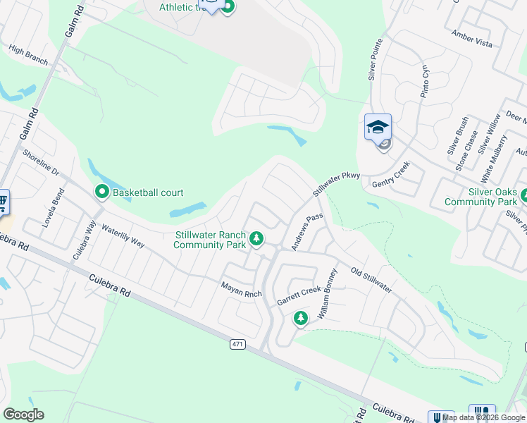 map of restaurants, bars, coffee shops, grocery stores, and more near 12555 Hillside Ranch in San Antonio
