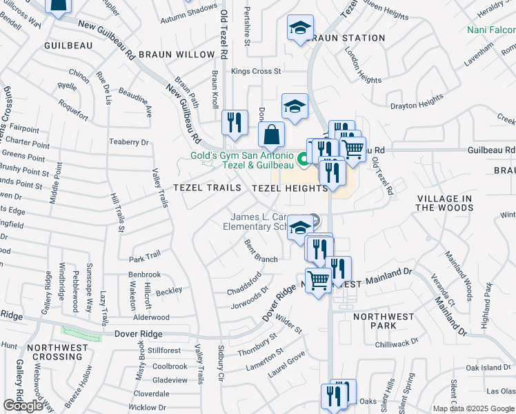 map of restaurants, bars, coffee shops, grocery stores, and more near 9002 Softwood Street in San Antonio