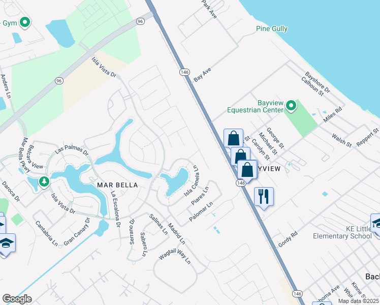 map of restaurants, bars, coffee shops, grocery stores, and more near 5001 Isla Canela Lane in League City